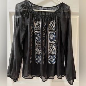 Luck Brand Black Sheer Blouse with Embroidered and Beaded Detail (S)